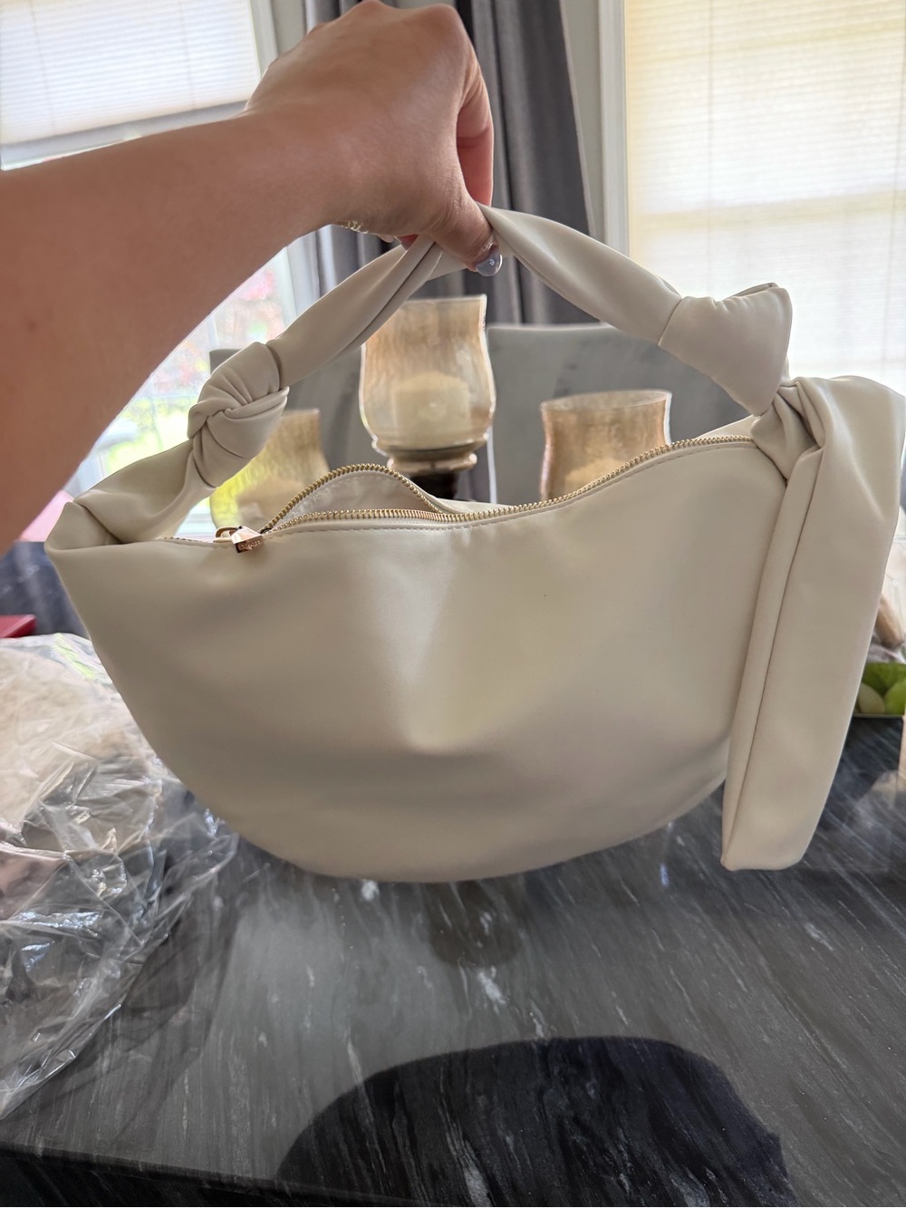 Express Cream Knotted-Handle Shoulder Bag